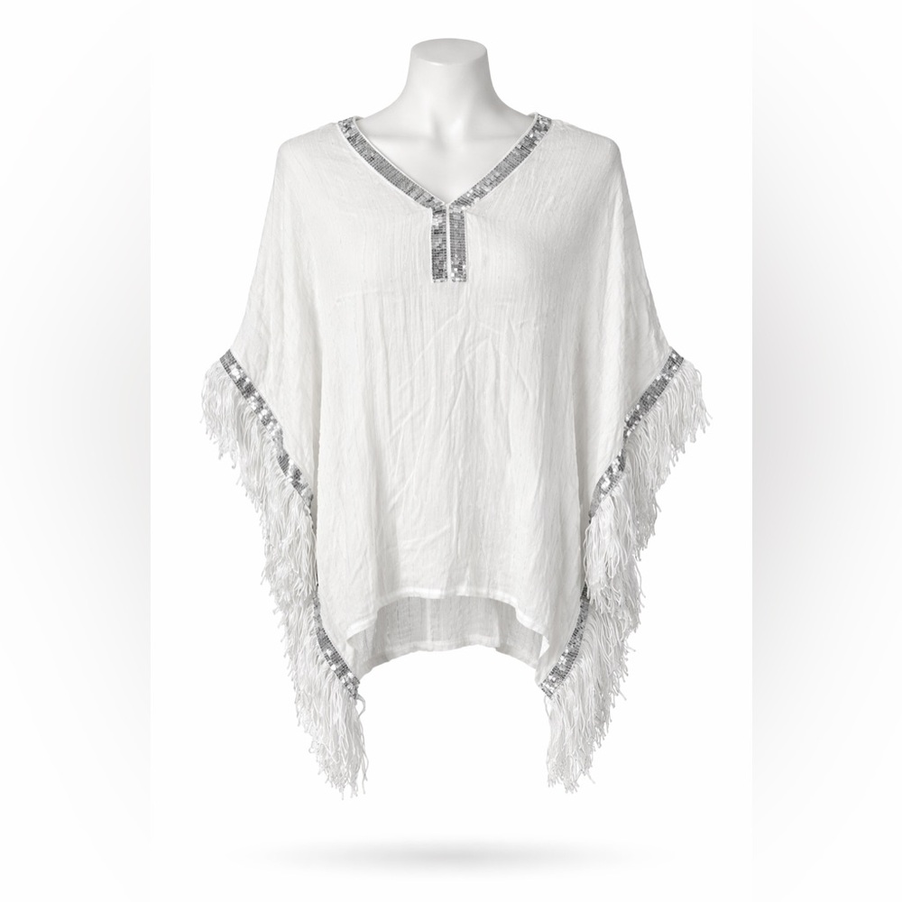 White Sequin Fringe Poncho Top Boho Beach Cover Up Festival One Size